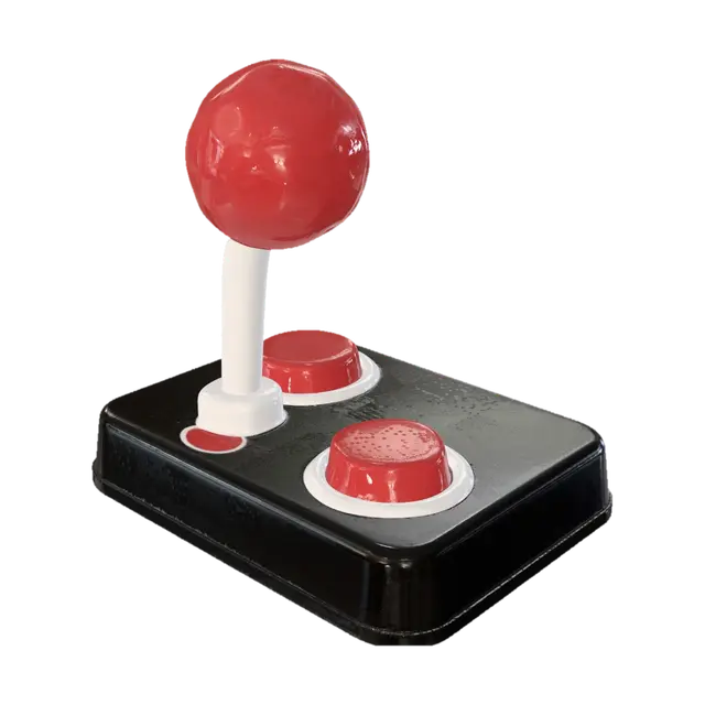 A vintage arcade joystick, with a sturdy, black plastic base featuring two large,… 3D model, vytvořený pomocí AI