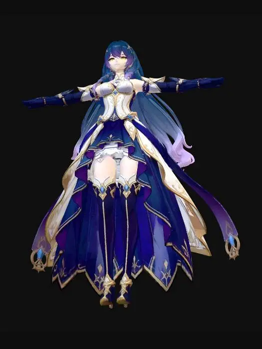 3D model for High-quality 3D anime-style female character in T-pose (arms extended horizontally, symmetrical body), wearing a stylish bikini swimwear outfit, slim athletic body with balanced proportions, clean anime anatomy, smooth stylized skin shading, detailed long hair (flowing or twin-tail), soft facial features, neutral expression, front-facing centered pose, full body visible, plain studio background, soft even lighting, cel-shaded + semi-realistic hybrid style, high detail textures, Unreal Engine style render, 8K resolution, optimized for rigging and character modeling