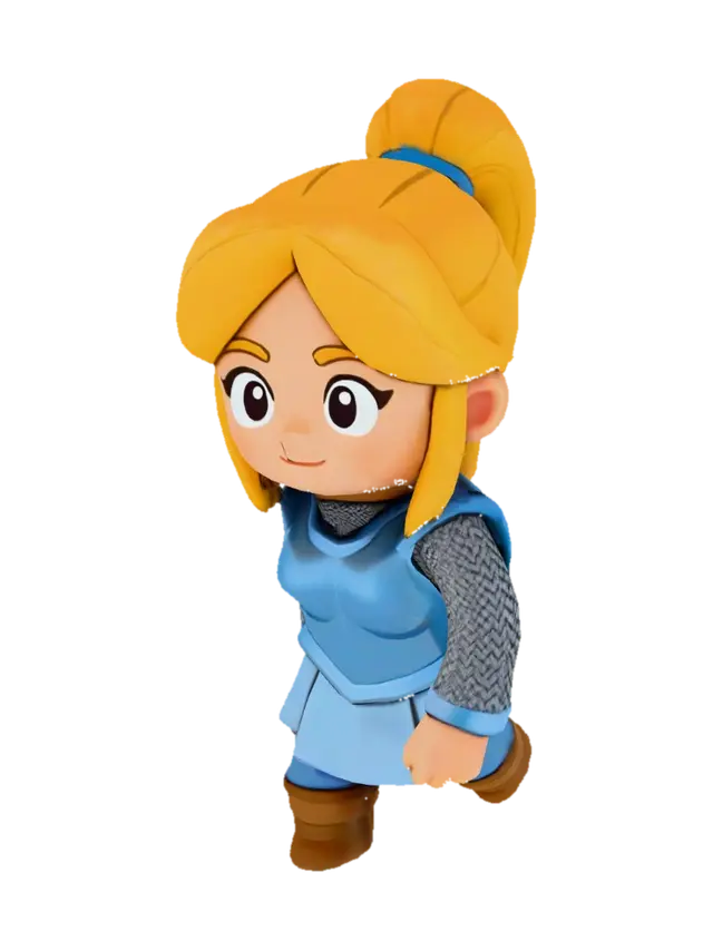 3D model for ポニーテール金髪美女。ブレストアーマー。鎖帷子。水色の服。cartoon style, full 3D sculpt, isometric view, toy character, no base, no pedestal