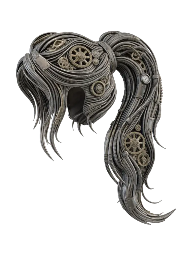 3D model for 机械风格的头发，长发，有齿轮和机械装饰，管道等电线。只要头发部分，不要脸部，建模，blender，单色背景