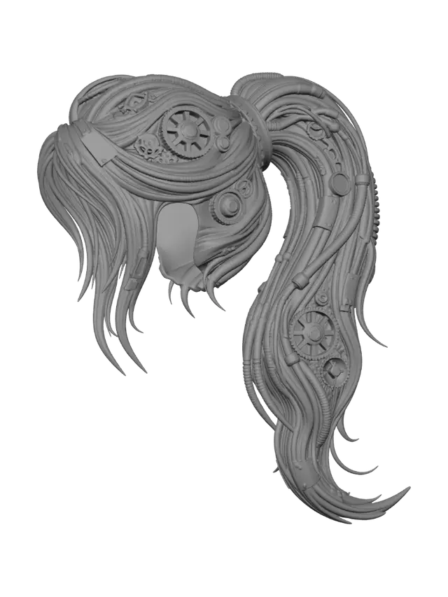 3D model for 机械风格的头发，长发，有齿轮和机械装饰，管道等电线。只要头发部分，不要脸部，建模，blender，单色背景