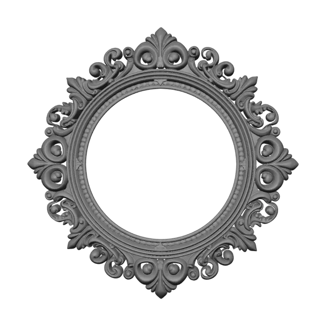 3D model for A luxurious, ornate circular frame or decorative medallion, crafted from polished antique gold or brass. It features intricate Baroque-style scrollwork, acanthus leaves, and floral motifs, all symmetrically arranged around a central open circle. The metallic surface boasts a rich, slightly aged golden hue with subtle reflections and darker recessed areas, enhancing its three-dimensional depth and finely carved texture. The object is brilliantly lit, highlighting its elaborate details and metallic sheen against a pure white background.