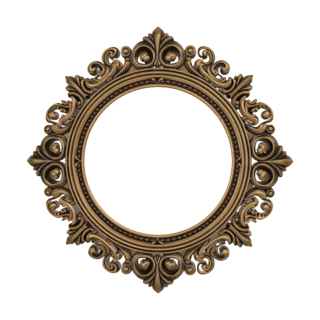 3D model for A luxurious, ornate circular frame or decorative medallion, crafted from polished antique gold or brass. It features intricate Baroque-style scrollwork, acanthus leaves, and floral motifs, all symmetrically arranged around a central open circle. The metallic surface boasts a rich, slightly aged golden hue with subtle reflections and darker recessed areas, enhancing its three-dimensional depth and finely carved texture. The object is brilliantly lit, highlighting its elaborate details and metallic sheen against a pure white background.