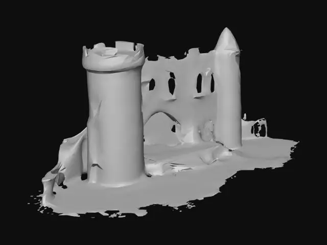 3D model for A grand medieval cobblestone castle, partially ruined, stands with imposing, weathered stone walls and crumbling turrets. Its rough, grey-brown cobblestones are irregular and gritty to the touch, with visible mortar lines and patches of dark green moss. Sections feature gaping holes where walls have collapsed, revealing jagged edges and exposed interior structures. Dark, muted colors dominate, suggesting age and neglect, while fractured battlements and broken archways hint at past grandeur and current decay.