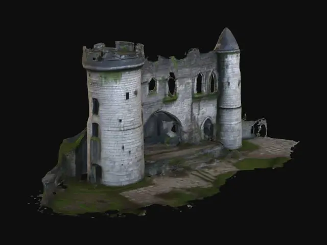 3D model for A grand medieval cobblestone castle, partially ruined, stands with imposing, weathered stone walls and crumbling turrets. Its rough, grey-brown cobblestones are irregular and gritty to the touch, with visible mortar lines and patches of dark green moss. Sections feature gaping holes where walls have collapsed, revealing jagged edges and exposed interior structures. Dark, muted colors dominate, suggesting age and neglect, while fractured battlements and broken archways hint at past grandeur and current decay.