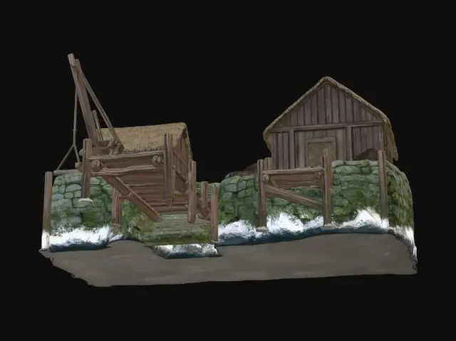 3D model for A rugged medieval bay, rendered in a gritty, realistic style, features turbulent, dark grey waters. The functional docks are built from heavy, unvarnished pine timbers, showing signs of severe weathering and splintering. Rough-hewn stone seawalls, mottled with damp moss, rise around the bay. Simple, robust wooden structures and a large, utilitarian cargo crane dominate the scene, reflecting a practical, less ornate construction.