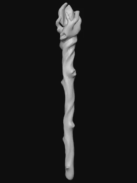 3D model for A tall, ancient wizard staff, carved from dark, gnarled oak wood. Its surface boasts a deeply textured, weathered grain with prominent, spiraling grooves and rough knot patterns, offering a firm, tactile grip. The irregular, twisted shaft culminates in a naturally embedded, glowing amethyst crystal at its tip, adding a vibrant purple hue. This sturdy, substantial structure exudes an archaic, magical presence, feeling solid and powerful in hand.