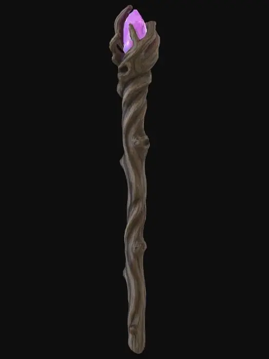 3D model for A tall, ancient wizard staff, carved from dark, gnarled oak wood. Its surface boasts a deeply textured, weathered grain with prominent, spiraling grooves and rough knot patterns, offering a firm, tactile grip. The irregular, twisted shaft culminates in a naturally embedded, glowing amethyst crystal at its tip, adding a vibrant purple hue. This sturdy, substantial structure exudes an archaic, magical presence, feeling solid and powerful in hand.