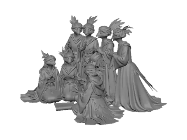 3D model for On the wizard university quad, a flock of female students of avian descent gather. Their graceful forms are adorned with shimmering plumage in diverse jewel tones, complemented by flowing robes of fine, textured silk in academic hues. Delicate, elegant feathered features frame their intelligent faces. They huddle intently on smooth flagstones beneath ancient oak trees, animatedly discussing the reptilian students and their upcoming meeting, their bright, bird-like eyes keenly focused.