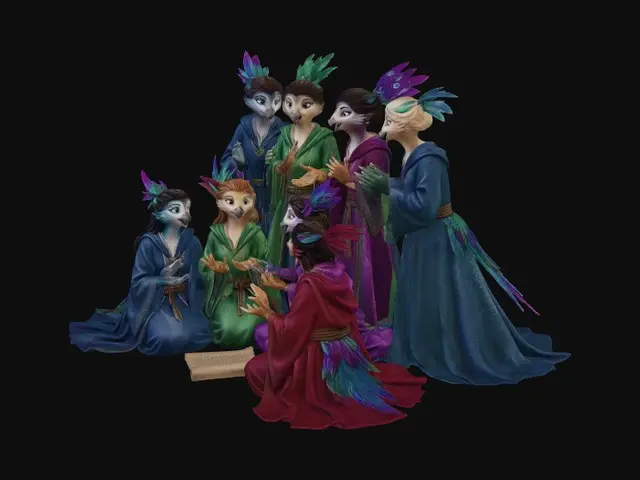 3D model for On the wizard university quad, a flock of female students of avian descent gather. Their graceful forms are adorned with shimmering plumage in diverse jewel tones, complemented by flowing robes of fine, textured silk in academic hues. Delicate, elegant feathered features frame their intelligent faces. They huddle intently on smooth flagstones beneath ancient oak trees, animatedly discussing the reptilian students and their upcoming meeting, their bright, bird-like eyes keenly focused.