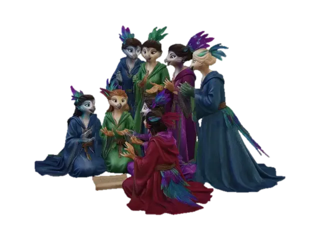 3D model for On the wizard university quad, a flock of female students of avian descent gather. Their graceful forms are adorned with shimmering plumage in diverse jewel tones, complemented by flowing robes of fine, textured silk in academic hues. Delicate, elegant feathered features frame their intelligent faces. They huddle intently on smooth flagstones beneath ancient oak trees, animatedly discussing the reptilian students and their upcoming meeting, their bright, bird-like eyes keenly focused.