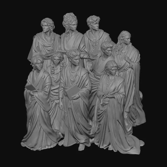 3D model for A diverse group of young scholars, each embodying youthful intelligence. Their forms are draped in richly colored, flowing robes of varied materials like smooth silk and textured linen, suggesting diverse origins. Hues range from deep crimson to soft sky blue. Their varied facial structures, skin tones from light to dark, and distinct hair textures subtly convey a multitude of races and backgrounds, unified by scholarly attire. The robes feature subtle folds and drapes, indicating a sense of movement.