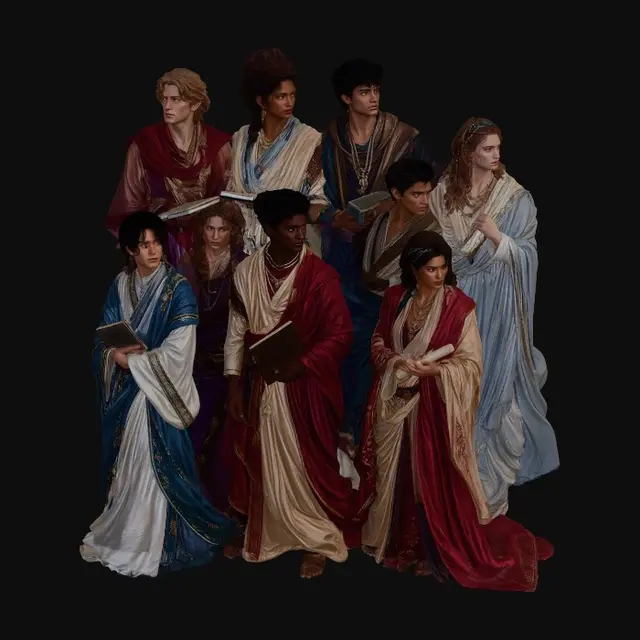 3D model for A diverse group of young scholars, each embodying youthful intelligence. Their forms are draped in richly colored, flowing robes of varied materials like smooth silk and textured linen, suggesting diverse origins. Hues range from deep crimson to soft sky blue. Their varied facial structures, skin tones from light to dark, and distinct hair textures subtly convey a multitude of races and backgrounds, unified by scholarly attire. The robes feature subtle folds and drapes, indicating a sense of movement.