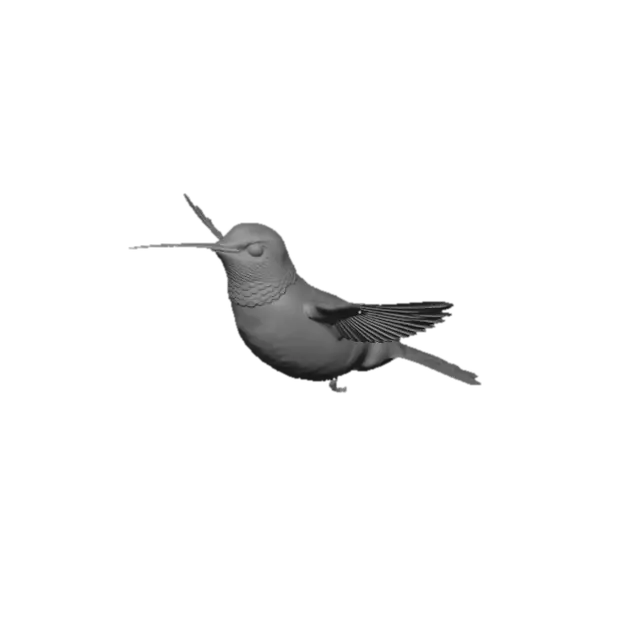 3D model for A small, vibrant Black-chinned Hummingbird, with iridescent green plumage on its back and a distinctive velvety black throat patch, hovers gracefully. Its tiny, agile body is a blur of motion, wings beating rapidly as it delicately sips nectar from a bright red hummingbird feeder. The feeder's smooth plastic contrasts with the bird's delicate, soft feathers, capturing a moment of intricate beauty and swift movement.