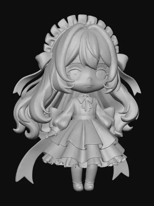 3D model for Une figure rendue en 3D d'une adorable fille chibi, avec des yeux azur saisissants et des cheveux blancs volumineux et chatoyants qui passent à un bleu froid aux extrémités. Elle est vêtue d'un ensemble élaboré blanc et bleu, comprenant un bonnet blanc à froufrous, une blouse blanche à manches longues et une robe bleue à deux niveaux ornée de motifs d'étoiles subtils. De grands rubans bleus s'écoulent de sa tête et de sa taille, ajoutant un flux dynamique. Le modèle présente un ombrage doux, des reflets lumineux et une finition nette et polie.