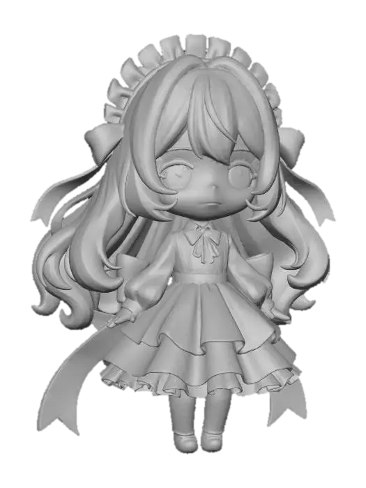 3D model for Une figure rendue en 3D d'une adorable fille chibi, avec des yeux azur saisissants et des cheveux blancs volumineux et chatoyants qui passent à un bleu froid aux extrémités. Elle est vêtue d'un ensemble élaboré blanc et bleu, comprenant un bonnet blanc à froufrous, une blouse blanche à manches longues et une robe bleue à deux niveaux ornée de motifs d'étoiles subtils. De grands rubans bleus s'écoulent de sa tête et de sa taille, ajoutant un flux dynamique. Le modèle présente un ombrage doux, des reflets lumineux et une finition nette et polie.