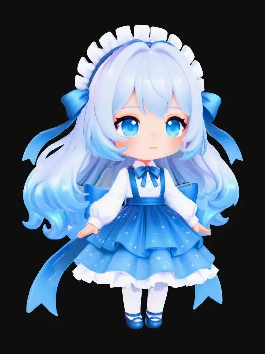 3D model for Une figure rendue en 3D d'une adorable fille chibi, avec des yeux azur saisissants et des cheveux blancs volumineux et chatoyants qui passent à un bleu froid aux extrémités. Elle est vêtue d'un ensemble élaboré blanc et bleu, comprenant un bonnet blanc à froufrous, une blouse blanche à manches longues et une robe bleue à deux niveaux ornée de motifs d'étoiles subtils. De grands rubans bleus s'écoulent de sa tête et de sa taille, ajoutant un flux dynamique. Le modèle présente un ombrage doux, des reflets lumineux et une finition nette et polie.