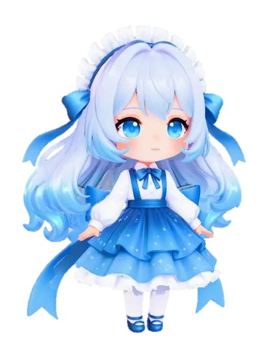 3D model for Une figure rendue en 3D d'une adorable fille chibi, avec des yeux azur saisissants et des cheveux blancs volumineux et chatoyants qui passent à un bleu froid aux extrémités. Elle est vêtue d'un ensemble élaboré blanc et bleu, comprenant un bonnet blanc à froufrous, une blouse blanche à manches longues et une robe bleue à deux niveaux ornée de motifs d'étoiles subtils. De grands rubans bleus s'écoulent de sa tête et de sa taille, ajoutant un flux dynamique. Le modèle présente un ombrage doux, des reflets lumineux et une finition nette et polie.