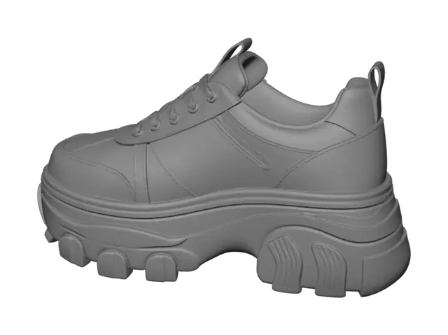 3D model for Create a clean, high-detail 3D model of a futuristic chunky platform sneaker. The shoe has a low-top silhouette with a rounded toe and oversized proportions. The upper combines smooth off-white leather overlays with white breathable mesh panels. Flowing organic leather overlays wrap around the sides, creating curved windows that expose the mesh underneath. The shoe has cream flat laces, a padded mesh tongue, a padded collar, and a beige heel pull tab.

The heel features a subtle champagne gold textured accent panel. The sole is the main focus: an extra-thick sculpted platform with smooth flowing curves, deep carved grooves, layered geometric forms, and a bold fashion-forward appearance. The outsole has oversized rugged tread blocks with deep angular lugs.

Use a monochromatic ivory and cre