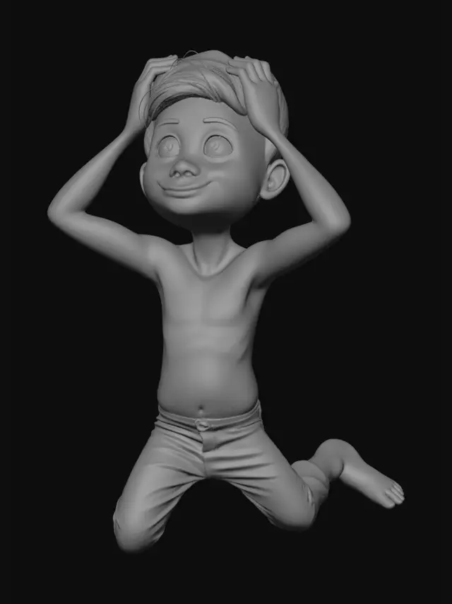3D model for uma pessoa agachada olhando para cima com uma mao na cabeça cartoon traços finos, para impressao 3d. vai