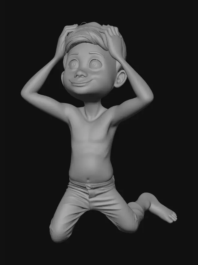 3D model for uma pessoa agachada olhando para cima com uma mao na cabeça cartoon traços finos, para impressao 3d. vai