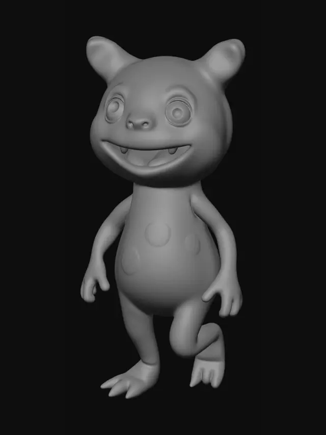 3D model for criar um monstrinho divertido em pe com um sorriso aberto e um jeito suave, melhorar na pele dele e colorir. criar em imagem para impressao 3d. vai