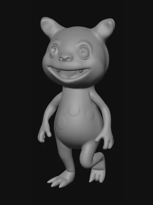 3D model for criar um monstrinho divertido em pe com um sorriso aberto e um jeito suave, melhorar na pele dele e colorir. criar em imagem para impressao 3d. vai