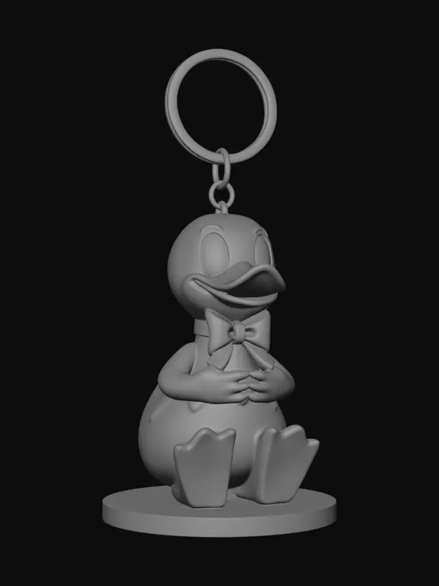 3D model for criar chaveiro com um pato sentado com um laço na cabeça e as maos entre as pernas no chao. criar em imagem estilo cartoon, traços finos pronto para impressao 3d. vai