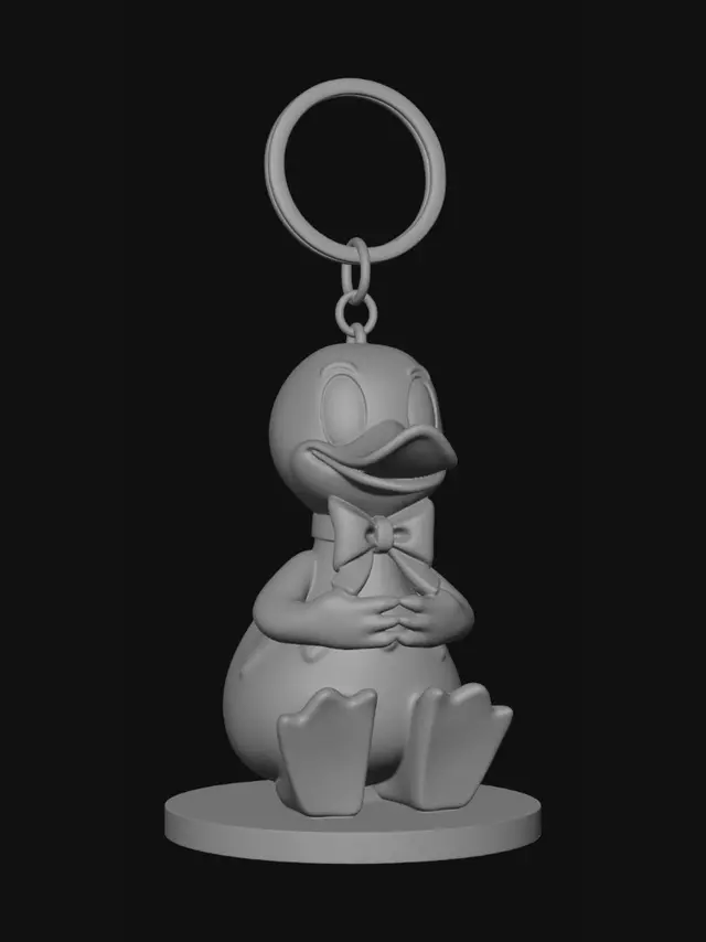 3D model for criar chaveiro com um pato sentado com um laço na cabeça e as maos entre as pernas no chao. criar em imagem estilo cartoon, traços finos pronto para impressao 3d. vai