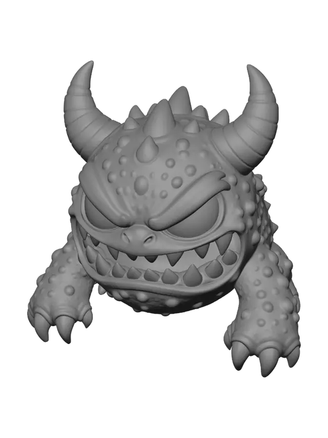 3D model for A cute but mean-looking little monster, evil face with sharp teeth and angry eyebrows, multicolored body with vibrant colors like purple, green, orange, blue and red, chubby and compact shape, claws, horns, spiky details, single object on clean white background, product render style, isometric view, studio lighting, 3D print ready design, clear geometry