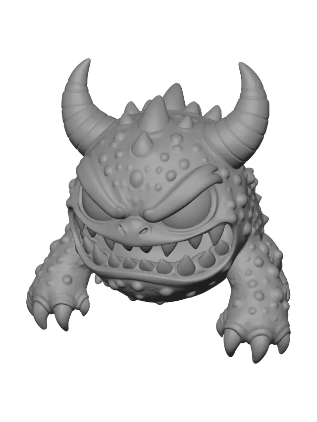 3D model for A cute but mean-looking little monster, evil face with sharp teeth and angry eyebrows, multicolored body with vibrant colors like purple, green, orange, blue and red, chubby and compact shape, claws, horns, spiky details, single object on clean white background, product render style, isometric view, studio lighting, 3D print ready design, clear geometry