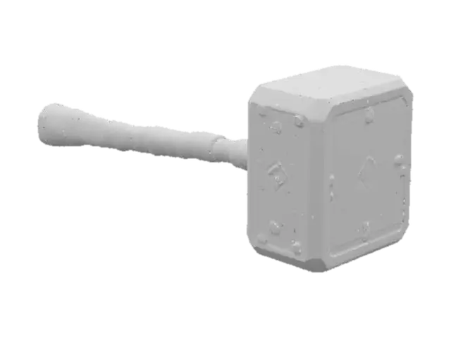 3D model for Generate a realistic 3D model of Thor’s hammer (Mjölnir), inspired by the Marvel Cinematic Universe. The hammer head should be large, rectangular, made of metallic Uru with a brushed steel texture, clean beveled edges, and glowing Norse rune engravings. The handle should be wrapped in dark brown leather with a spiraled pattern and chrome silver rings, ending in a detailed pommel with an engraved cap and leather loop. Add realistic lighting, scratches, scuffs, and subtle weathering. Use accurate proportions and clean topology for cinematic rendering.
