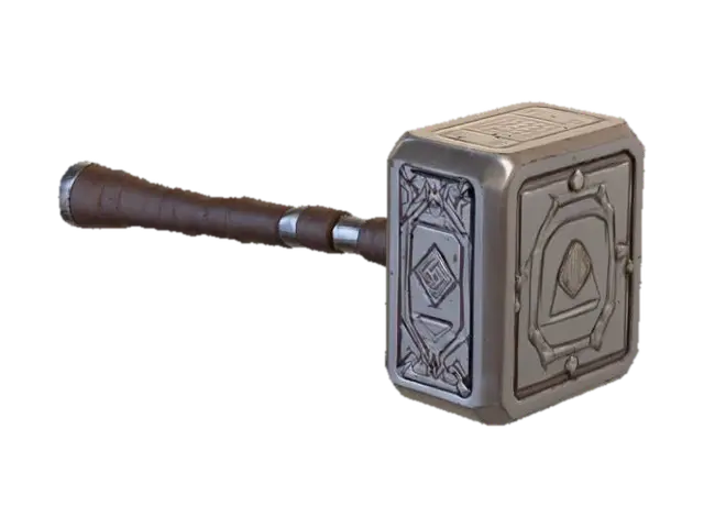 3D model for Generate a realistic 3D model of Thor’s hammer (Mjölnir), inspired by the Marvel Cinematic Universe. The hammer head should be large, rectangular, made of metallic Uru with a brushed steel texture, clean beveled edges, and glowing Norse rune engravings. The handle should be wrapped in dark brown leather with a spiraled pattern and chrome silver rings, ending in a detailed pommel with an engraved cap and leather loop. Add realistic lighting, scratches, scuffs, and subtle weathering. Use accurate proportions and clean topology for cinematic rendering.