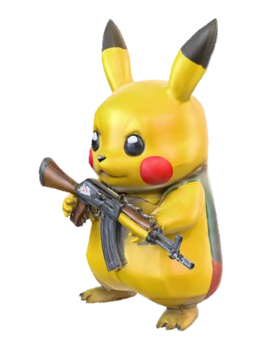 Pikachu with Ak-47 gun in hand 3D model, vytvořený pomocí AI