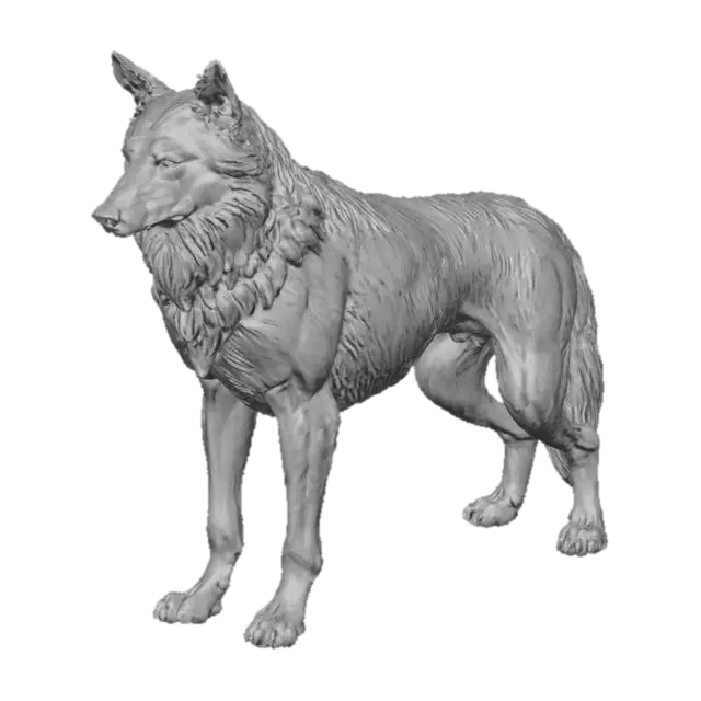 3D model for Cinematic bronze statue of a wolf in a strong standing pose, head turned slightly, intense directional lighting creating bold highlights and deep shadows on the metal fur, faint atmospheric haze behind the statue, dark gradient background, heroic monumental mood, high-detail 3D-printable sculpture.