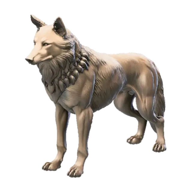 3D model for Cinematic bronze statue of a wolf in a strong standing pose, head turned slightly, intense directional lighting creating bold highlights and deep shadows on the metal fur, faint atmospheric haze behind the statue, dark gradient background, heroic monumental mood, high-detail 3D-printable sculpture.