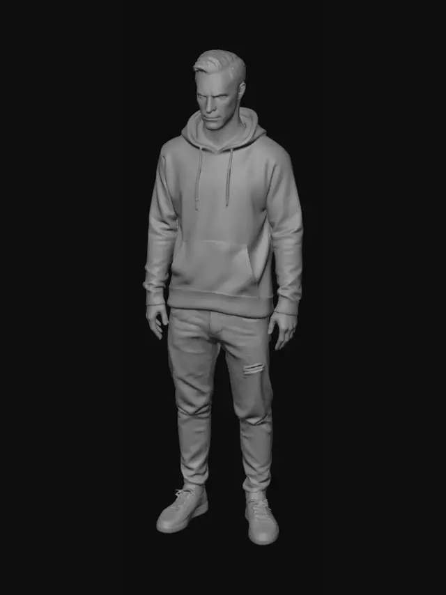 3D model for Tall realistic human male, aged 35-50, pale skin, tired eyes, dark hoodie, jeans, slightly hunched posture, unsettling facial expression, realistic game character, horror game NPC, detailed clothing, eerie atmosphere, PBR materials, optimized game asset, full body T-pose