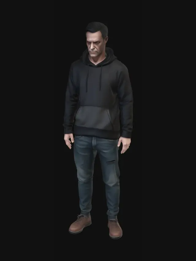 3D model for Tall realistic human male, aged 35-50, pale skin, tired eyes, dark hoodie, jeans, slightly hunched posture, unsettling facial expression, realistic game character, horror game NPC, detailed clothing, eerie atmosphere, PBR materials, optimized game asset, full body T-pose