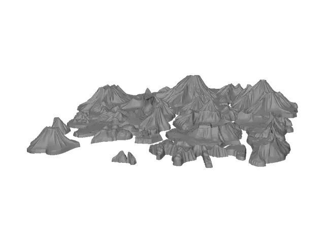 3D model for Crie um mapa top-down de uma ilha realista de 30x30 km (900 km²), com relevo e hidrografia naturais, nível do mar correto, praias, falésias, penínsulas, baías, rios nascendo nas montanhas, cachoeiras, lagos e mais de 40 cavernas. Centro: floresta densa com clareiras para bases. Noroeste: região congelada com montanhas nevadas, lagos congelados e uma caverna gigante do Yeti. Nordeste: deserto com dunas, cânions e uma enorme pirâmide cercada por ruínas, templos e obeliscos (Anubis). Sudeste: vulcão ativo com rios de lava e caverna subterrânea do Surtus. Sudoeste: pântano com rios e névoa. Inserir 5 bairros abandonados distantes entre si (Boss Lv1), 5 bases militares distantes (Boss Lv2), 80+ áreas planas para bases, rodovia principal, estradas secundárias, trilhas, túneis