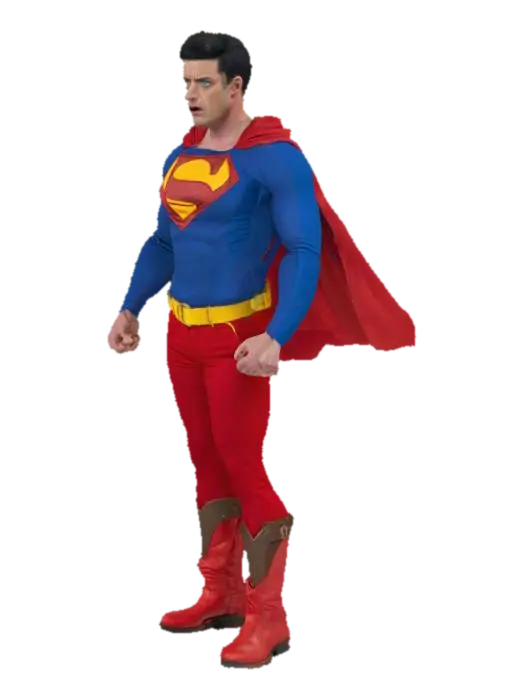 A white man with black hair, blue eyes wearing a blue suit with a red and yellow S on… - Super 3D model, vytvořený pomocí AI
