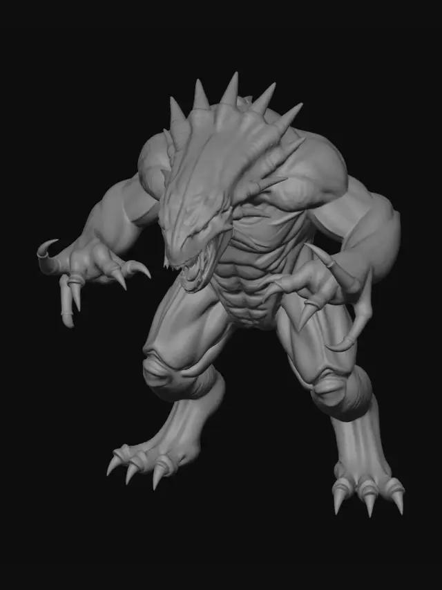 3D model for "A hulking, quadrupedal horror monster, muscular and jagged anatomy, asymmetrical oversized claws, skeletal protrusions from the back, dark gritty skin texture, game-ready, neutral pose, front view, high detail."