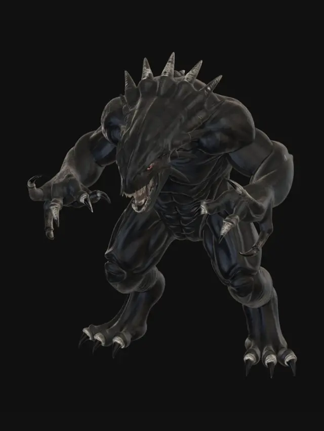 3D model for "A hulking, quadrupedal horror monster, muscular and jagged anatomy, asymmetrical oversized claws, skeletal protrusions from the back, dark gritty skin texture, game-ready, neutral pose, front view, high detail."