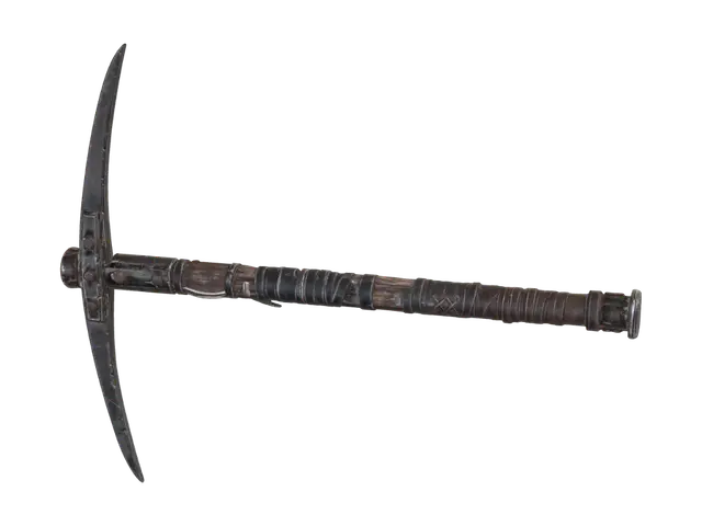 3D model for handmade survival pickaxe, realistic, improvised tool, forged carbon steel double-pointed pickaxe head, symmetrical dual sharp picks on both sides, reinforced steel core, welded steel reinforcements, worn wooden handle, wrapped with black electrical tape, rusty bolts, leather grip, scratches, chipped metal, weathered, dirty, field-repaired, post-apocalyptic, highly detailed, PBR, game asset, isolated, white background