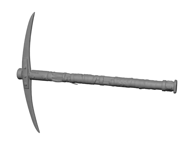 3D model for handmade survival pickaxe, realistic, improvised tool, forged carbon steel double-pointed pickaxe head, symmetrical dual sharp picks on both sides, reinforced steel core, welded steel reinforcements, worn wooden handle, wrapped with black electrical tape, rusty bolts, leather grip, scratches, chipped metal, weathered, dirty, field-repaired, post-apocalyptic, highly detailed, PBR, game asset, isolated, white background