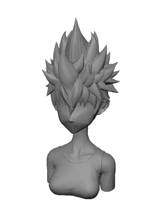 3D model for Hair asset only. Do not generate any human head, face, eyes, ears, neck, shoulders, or body. Output only the hairstyle mesh.
Create ONLY a 3D hairstyle mesh, no head, no face, no body, no neck, no accessories. The hairstyle is an exact recreation of the iconic spiky blond hairstyle from the anime character Naruto Uzumaki. Bright saturated golden yellow hair (#FFD700), large layered spikes pointing upward and backward, thick anime-style hair strands, medium length, front bangs framing the forehead, symmetrical silhouette, clean low-poly game-ready topology (8k–12k tris), Roblox UGC compatible, centered pivot, separate hair mesh only, PBR materials, smooth shading, accurate anime proportions, no headband, transparent background.