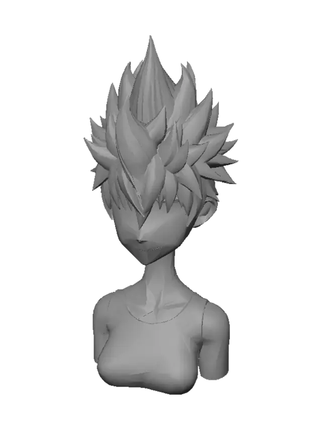 3D model for Hair asset only. Do not generate any human head, face, eyes, ears, neck, shoulders, or body. Output only the hairstyle mesh.
Create ONLY a 3D hairstyle mesh, no head, no face, no body, no neck, no accessories. The hairstyle is an exact recreation of the iconic spiky blond hairstyle from the anime character Naruto Uzumaki. Bright saturated golden yellow hair (#FFD700), large layered spikes pointing upward and backward, thick anime-style hair strands, medium length, front bangs framing the forehead, symmetrical silhouette, clean low-poly game-ready topology (8k–12k tris), Roblox UGC compatible, centered pivot, separate hair mesh only, PBR materials, smooth shading, accurate anime proportions, no headband, transparent background.