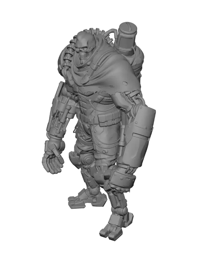 3D model for Crea un personaggio tridimensionale per un gioco da tavolo in stile cyberpunk. Umanoide alto e imponente, ex mercenario pesantemente potenziato, con entrambe le braccia completamente bioniche modulari, ricoperte da pistoni, cavi e placche in titanio. Le gambe sono cibernetiche con servomotori a vista e piedi stabilizzatori magnetici. La colonna vertebrale è sostituita da un esoscheletro esterno collegato a un reattore energetico dorsale che alimenta tutti gli impianti. Il volto è per metà umano e per metà sintetico, con un occhio ottico luminoso, mandibola meccanica e impianto neurale visibile. Torace rinforzato con corazza composita, fibre muscolari sintetiche e pannelli corazzati usurati. Indossa un mantello tattico lacerato, numerosi innesti, cavi, luci al neon discrete e dettagli mecca