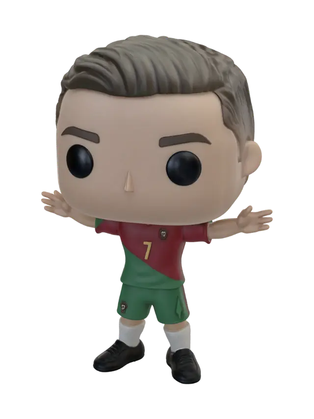 3D model for Funko Pop vinyl figure of Cristiano Ronaldo. The figure has the signature oversized square head, big black button eyes, and styled hair with a side parting. He is wearing a red and green football kit with the number 7 on the chest and shorts, athletic socks, and cleats. He is doing his iconic "Siuuu" celebration pose with arms outstretched. The figure is standing on a clean white background with soft studio product lighting, macro photography, high resolution.