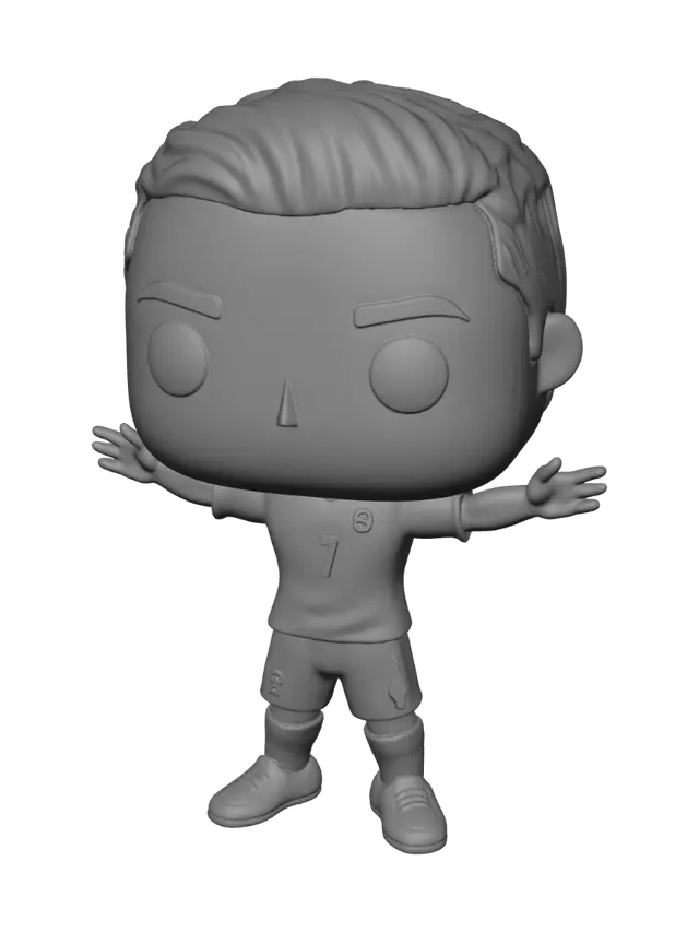 3D model for Funko Pop vinyl figure of Cristiano Ronaldo. The figure has the signature oversized square head, big black button eyes, and styled hair with a side parting. He is wearing a red and green football kit with the number 7 on the chest and shorts, athletic socks, and cleats. He is doing his iconic "Siuuu" celebration pose with arms outstretched. The figure is standing on a clean white background with soft studio product lighting, macro photography, high resolution.