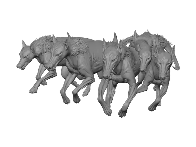 3D model for A pack of lean hounds with charcoal-plated fur cracking to reveal glowing embers beneath, snarling, low to the ground, mid-charge, dust kicked up around their paws. Three lean canine creatures, cracked charcoal-plate fur texture, low aggressive stance, bases arranged as a running pack.